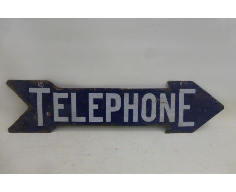 A double sided hanging directional enamel sign for Telephone, 23 x 5 1/2".