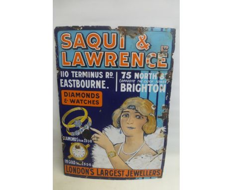 A rare Saqui & Lawrence Jewellers of Brighton and Eastbourne pictorial enamel sign depicting a well dressed lady choosing a r