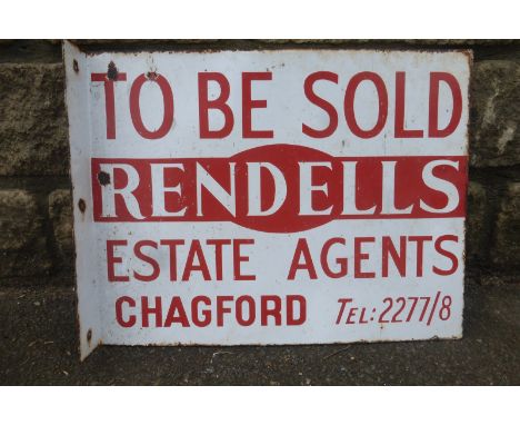 A Rendells Estate Agents of Chagford 'To be Sold' double sided rectangular enamel sign with hanging flange, 18 x 14".