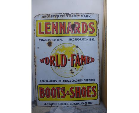 A large Lennards World Famed Boots and Shoes of Bristol rectangular enamel sign, 29 1/2 x 42 1/2".