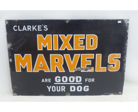A Clarke's Mixed Marvels rectangular enamel sign by Bruton of Palmers Green, 26 1/4 x 18".