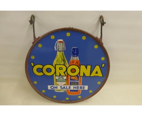 A Corona part pictorial double sided circular enamel sign in excellent condition, set within original frame, with bracket, 17