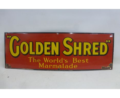 A Golden Shred - The World's Best Marmalade rectangular enamel sign with good gloss, 30 x 10". 