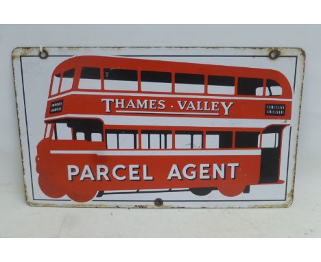 A Thames Valley Parcel Agent pictorial double sided enamel sign depicting a double decker bus, 18 x 10 1/2".