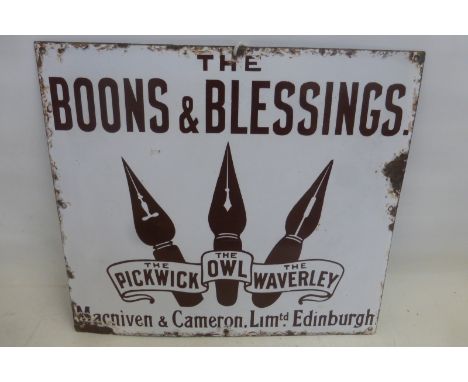 A Macniven & Cameron Limited of Edinburgh pictorial enamel sign depicting three pen knibs, the Pickwick, The Owl and The Wave