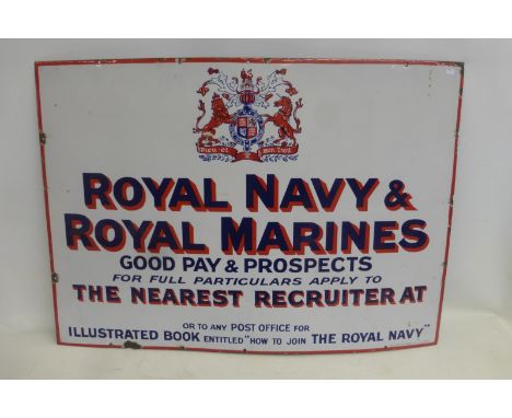 A Royal Navy and Royal Marines Recruitment rectangular enamel sign by Patent Enamel, in excellent condition, 34 x 24".