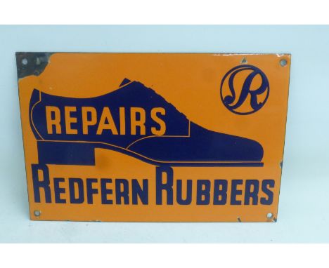 A rare Redfern Rubbers pictorial shoe enamel sign of unusual blue and orange colour, with very good gloss, 12 x 8".