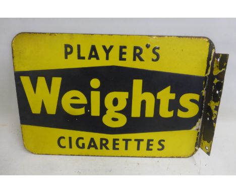 A Player's Weights Cigarettes double sided enamel sign with hanging flange, 17 x 11".