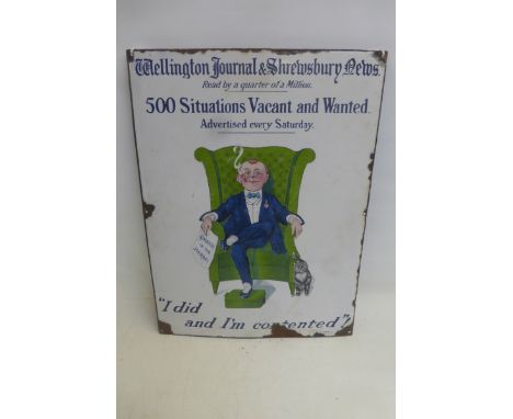A Wellington Journal & Shrewsbury News pictorial enamel sign depicting a gentleman sat in a wingback armchair smoking a cigar