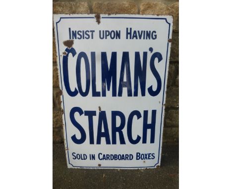 A Colman's Starch rectangular enamel sign by Patent Enamel, 24 x 36".