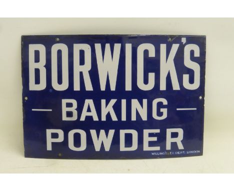 A small Borwick's Baking Powder rectangular enamel sign, with excellent gloss and very minor retouching around the edge, the 