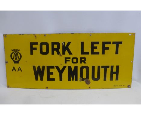 An AA 'Fork Left for Weymouth' rectangular enamel sign by Franco, 42 x 18".