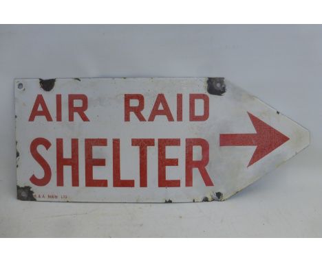 An Air Raid Shelter directional enamel sign by R & A Main Ltd. with one spot retouched, 22 x 9".