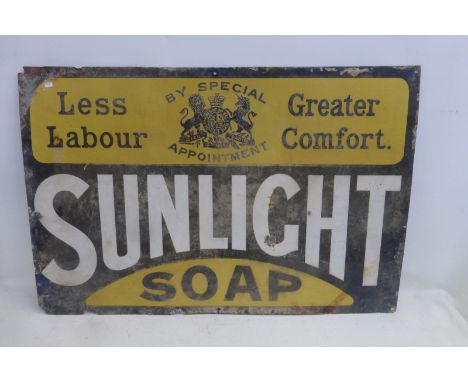 An early Sunlight Soap rectangular enamel sign with unusual wording: Less labour greater comfort, by Ralph Jordan of Bilston,