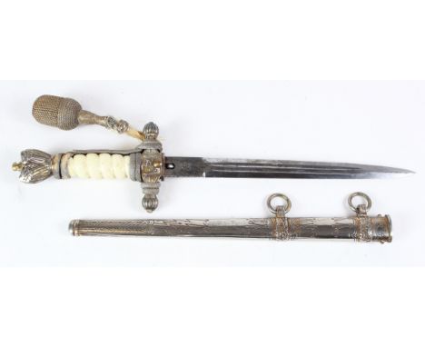 German WW2 Naval Dagger with scabbard and pommel, blade maker marked 'Original Eickhorn Solngen'. With shorter cadet blade.  