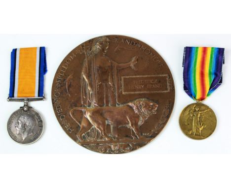 BWM & Victory medals with memorial plaque to 4921158 Pte Frederick Henry Brand 1st / 13th Kensington Bn London Regt, K in A 9