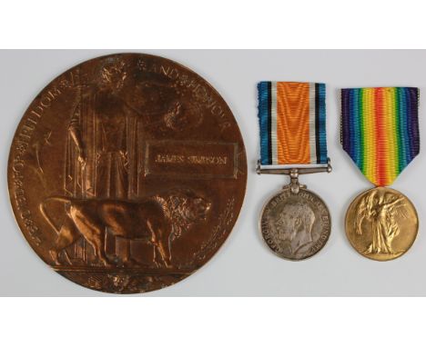 BWM & Victory Medal + Death Plaque to 33149 Pte J Simpson Essex Regt. Killed In Action 21/3/1918 with the 11th Bn. On the Arr