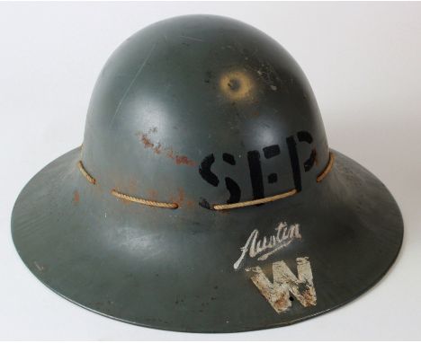 British Home Front Zuckerman Fire Watchers tin helmet with Austin W for a fire watcher at the Austin car factory.