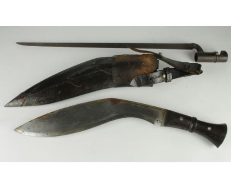 Good Kukri with military type scabbard & frog circa 1900 (?) and a P53 socket bayonet (rusted, no scabbard). Kukri has the tw
