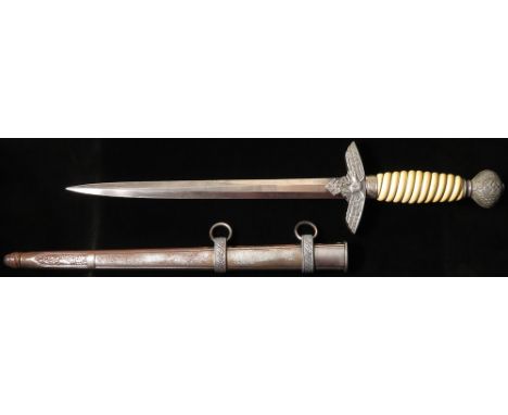 German WW2 2nd pattern Luftwaffe Dagger with scabbard, blade maker marked 'F W Holler Solingen' and is faintly engraved 'Rudo