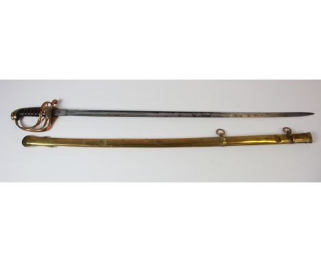 Sword: An 1845 Pattern Infantry Officers sword. Brass gothic hilt with Victorian Cypher. Folding guard. Wirebound leather gri