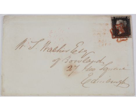 GB - 1840 Penny Black Plate 6 (M-K) cover, four good margins, tied by red MX, unusually still retains original letter (excell