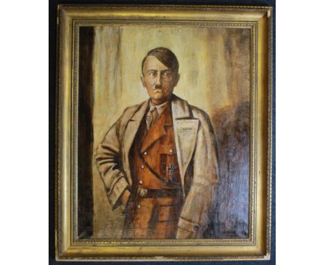 German large 3/4 length portrait painting of a youthful Adolf Hitler in his beige Political Uniform, uncertain age but a genu