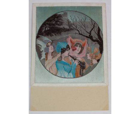 Art Nouveau, Four Ladies, one playing pipes, green background, French publisher, rare    (1)