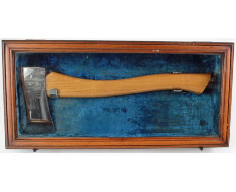 Submarine interest - a presentation Axe mounted in a display case. Blade silver plated and engraved 'With this Axe Mr James W