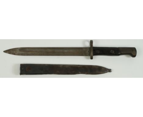 Bayonet: Austrian WW1 Model 1912 Export Mauser in its steel scabbard (dented) with missing frog stud. Blade marked 'OEWG'. Wo