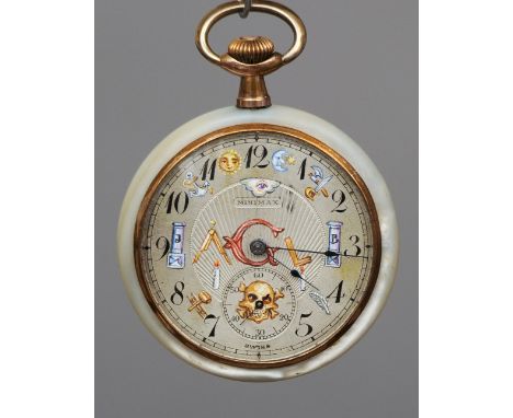 A Minimax mother-of-pearl Masonic pocket watch
The circular dial with Arabic numerals and subsidiary sweep seconds decorated 