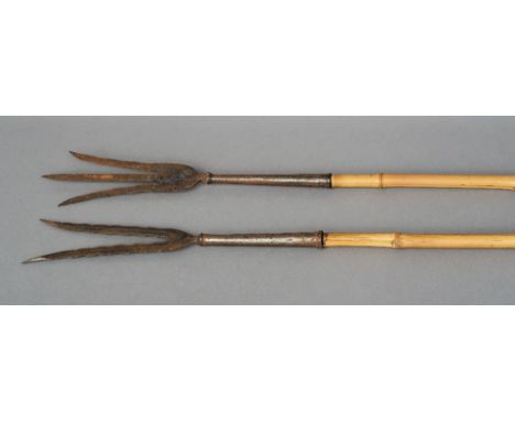 Two 19th century Indo-Persian spears
One a trident, the other a bident, the former with floral decoration, both with bamboo s