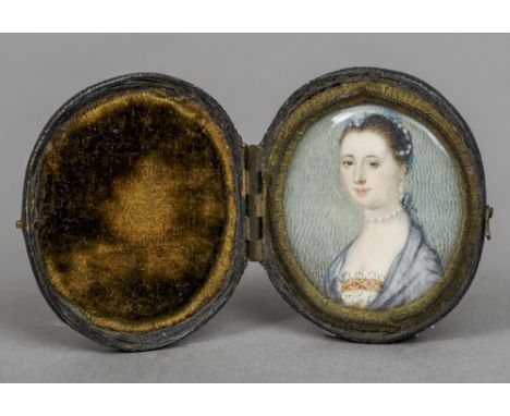 An 18th century portrait miniature on ivory
Depicting a young lady wearing a suite of pearl jewellery, housed in original sha