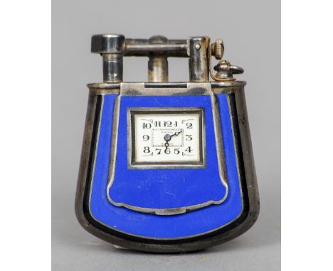 A Dunhill silver and blue enamel combination lighter timepiece, hallmarked 925 and with London import mark for 1927, maker's 