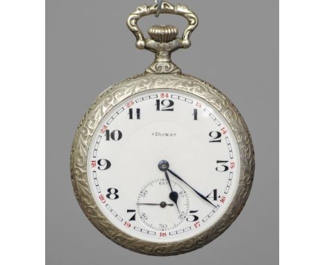 An enamel decorated pocket watch
The reverse of the case decorated with an early motor racing scene, the white dial with Arab