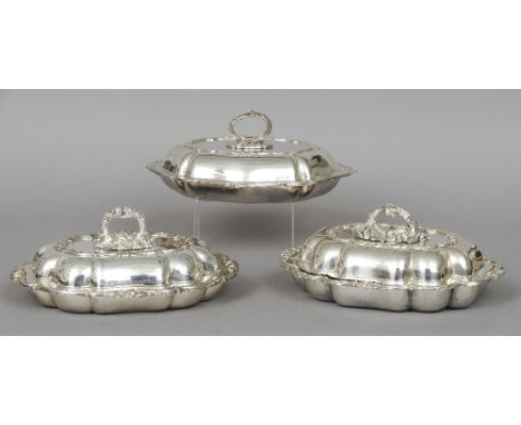 Three 19th century Old Sheffield plated entree dishes and covers, one marked for Henry Wilkinson & Co.
All with acanthus scro