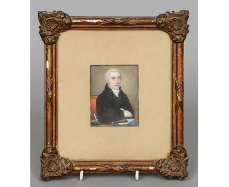 ENGLISH SCHOOL (19th century)
Portrait Miniature of a Gentleman Sat at a Writing Desk
Watercolour probably on ivory
6.5 x 8.5