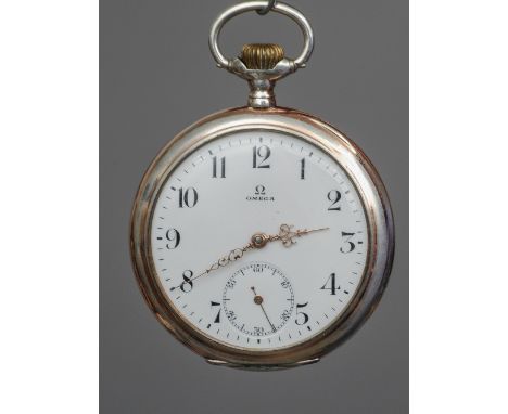 An 800 silver Omega pocket watch
The white dial with Arabic numerals and subsidiary sweep seconds, the case with traces of go