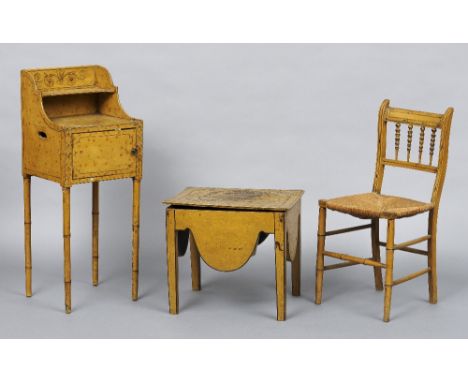 A 19th century faux bamboo painted pot cupboard
The three quarter shelved galleried back above a single drawer, standing on t