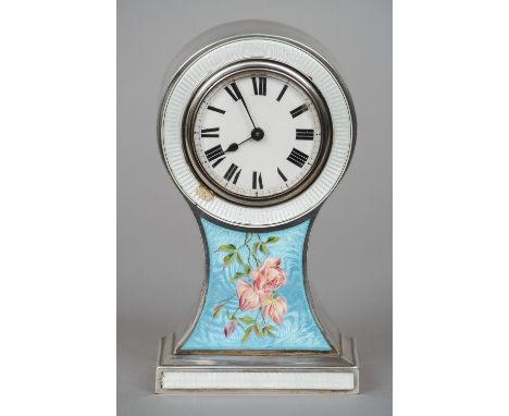 An Edward VII enamel decorated silver mantel clock, hallmarked Birmingham 1903, maker's mark of The Douglas Clock Company
Of 