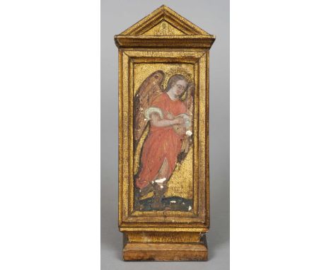 ITALIAN SCHOOL (15th/16th century)
Angel 
Oil and gold leaf on soft wood with integral architectural frame
12 x 31.5 cm overa