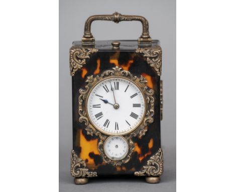 A silver mounted tortoiseshell carriage alarm clock, hallmarked London 1892, maker's mark of William Thomas Wright & Frederic