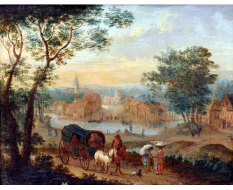 FLEMISH SCHOOL (17th/18th century)
Travellers on a Path With a Town Beyond
Oil on copper
25.5 x 20 cm, framed CONDITION REPOR