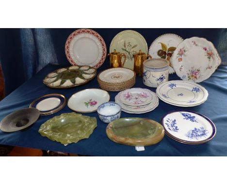 Quantity of mixed china , to include a French Longchamp oyster tazza , 2 Royal Worcester gold enamel water pots , Coalport te