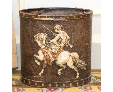 A mid 20th century waste paper bin, leather covered, with a horse on the front, 40cm highPlease note this item is at an offsi