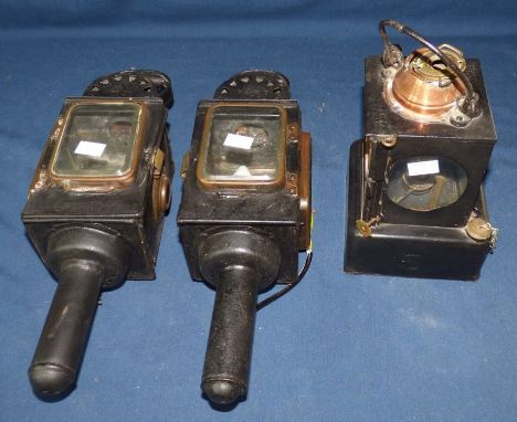 Pair of Victorian coach lamps , 42 cm high , converted to electricity and an old Welch patent  railway lamp , made by the Lam