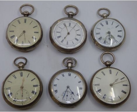 6 silver gentleman's pocket watches, the enamel dial with roman numerals , largest 5.5cm diameter sold as seen