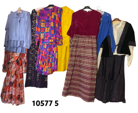 A collection of 1960/80's vintage including a 1970's linen look suit in yellow, a cornflower blue knit dress with diamante st