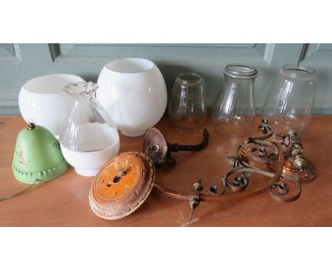 A group of Victorian glass oil lamp shades, and decorative light fittings.&nbsp;