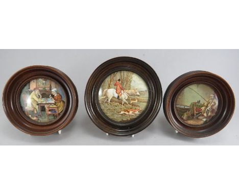 A group of three multi-colour mid-nineteenth century Pratt potlids in frames, c. 1850-60. Depicting fishing, hunting and play